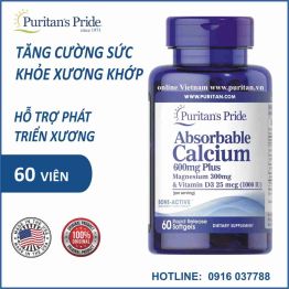 Viên uống bổ sung Canxi Puritan's Pride Absorbable Calcium 600 mg plus Magnesium 300 mg Vitamin D 1000iu 60 Viên