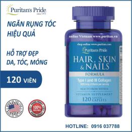 Viên uống hỗ trợ đẹp da - ngừa rụng tóc - nứt gãy móng chân tay Puritan's Pride Hair skin & nails 120v