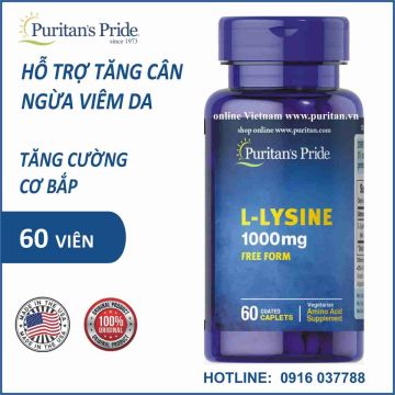 Viên uống hỗ trợ tăng cân, ngừa viêm da Puritan's Pride - L-Lysine 1000mg 60 viên